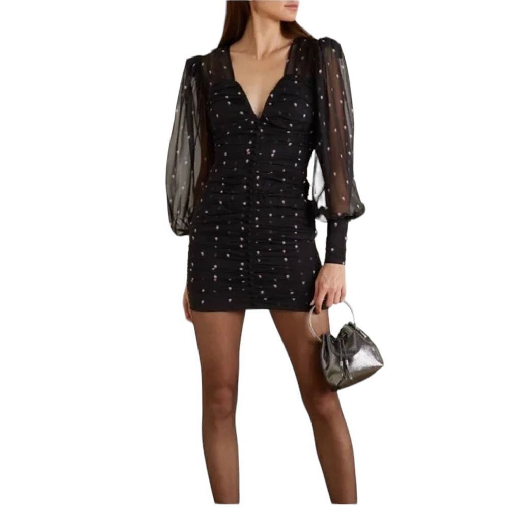 Retrofête Calla Ruched Silk-Chiffon Mini Dress Black Rose Women's Size Small